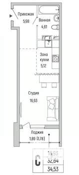Студия квартира, вторичка, 35м2, 9/9 этаж
