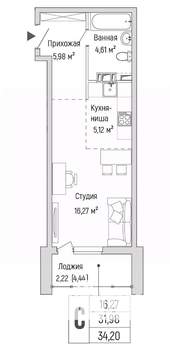 Студия квартира, вторичка, 34м2, 3/9 этаж