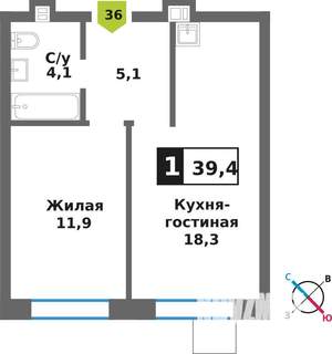 1-к квартира, вторичка, 39м2, 8/9 этаж