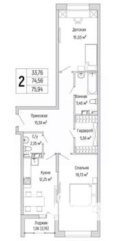2-к квартира, вторичка, 76м2, 3/9 этаж