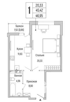 1-к квартира, вторичка, 47м2, 2/9 этаж