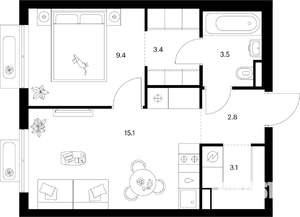 1-к квартира, вторичка, 37м2, 3/9 этаж