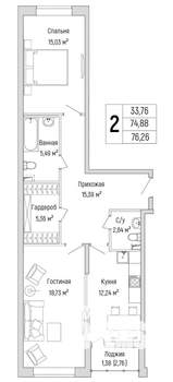 2-к квартира, вторичка, 76м2, 1/9 этаж