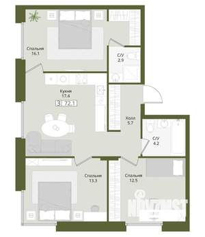 3-к квартира, вторичка, 72м2, 1/8 этаж