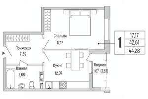 1-к квартира, вторичка, 44м2, 8/9 этаж