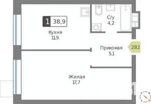 1-к квартира, строящийся дом, 39м2, 6/9 этаж
