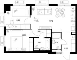 2-к квартира, вторичка, 53м2, 4/9 этаж