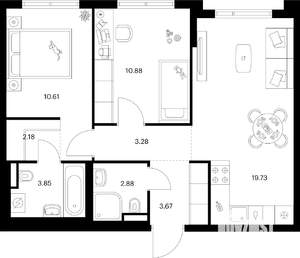 2-к квартира, вторичка, 57м2, 9/9 этаж