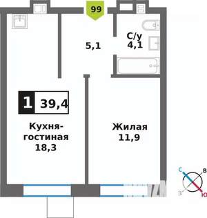 1-к квартира, вторичка, 39м2, 9/9 этаж
