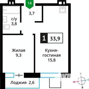 1-к квартира, вторичка, 34м2, 2/6 этаж