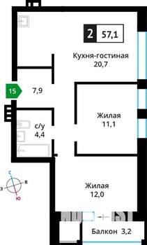 2-к квартира, вторичка, 57м2, 4/6 этаж