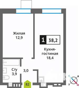 1-к квартира, вторичка, 38м2, 4/9 этаж