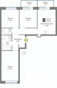3-к квартира, строящийся дом, 71м2, 7/9 этаж