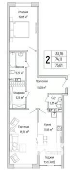 2-к квартира, вторичка, 76м2, 7/9 этаж