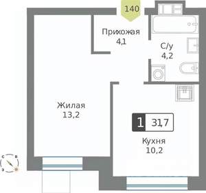 1-к квартира, строящийся дом, 32м2, 8/9 этаж