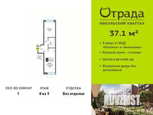 1-к квартира, вторичка, 37м2, 8/9 этаж