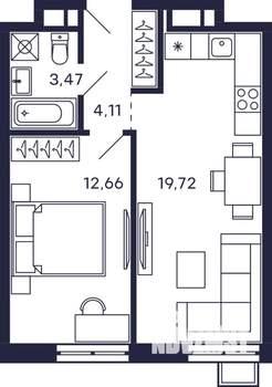 1-к квартира, строящийся дом, 40м2, 24/28 этаж