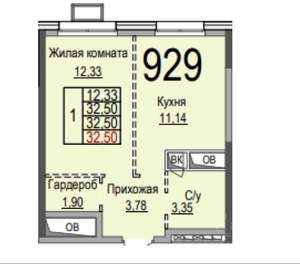 1-к квартира, вторичка, 33м2, 15/25 этаж
