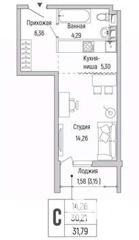 Студия квартира, вторичка, 32м2, 4/9 этаж