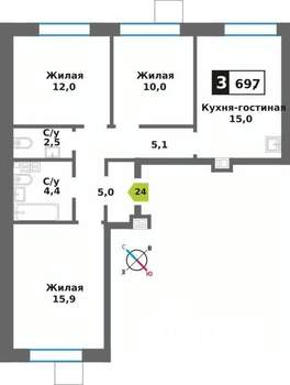 3-к квартира, вторичка, 70м2, 5/9 этаж