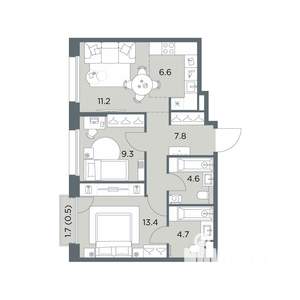 3-к квартира, вторичка, 58м2, 4/6 этаж
