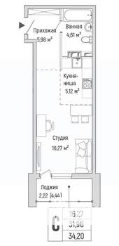 Студия квартира, вторичка, 34м2, 4/9 этаж