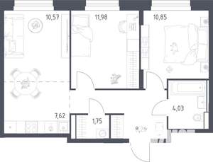 2-к квартира, строящийся дом, 55м2, 17/24 этаж