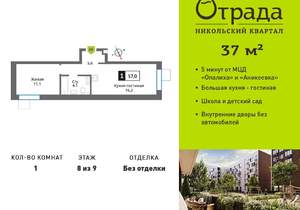 1-к квартира, вторичка, 37м2, 8/9 этаж