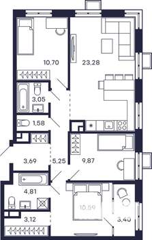 3-к квартира, строящийся дом, 82м2, 23/28 этаж