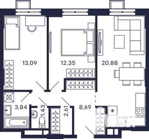 2-к квартира, строящийся дом, 63м2, 4/28 этаж