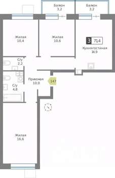 3-к квартира, строящийся дом, 71м2, 9/9 этаж