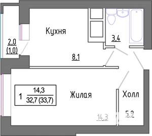 1-к квартира, строящийся дом, 34м2, 3/5 этаж