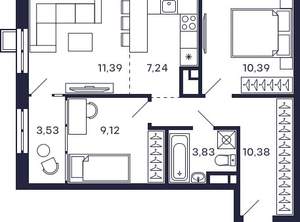 2-к квартира, строящийся дом, 56м2, 27/28 этаж