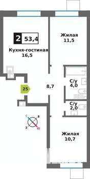 2-к квартира, вторичка, 53м2, 6/9 этаж