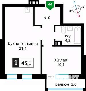 1-к квартира, вторичка, 43м2, 4/6 этаж