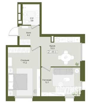 2-к квартира, вторичка, 50м2, 1/8 этаж