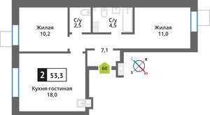 2-к квартира, вторичка, 53м2, 5/9 этаж