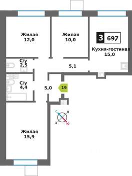 3-к квартира, вторичка, 70м2, 4/9 этаж