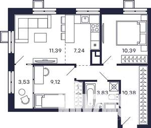 2-к квартира, строящийся дом, 54м2, 28/28 этаж