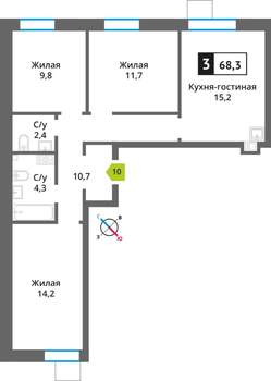 3-к квартира, строящийся дом, 68м2, 9/9 этаж