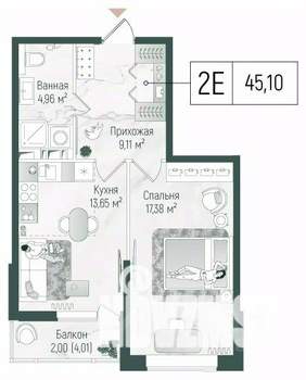 1-к квартира, вторичка, 47м2, 9/10 этаж