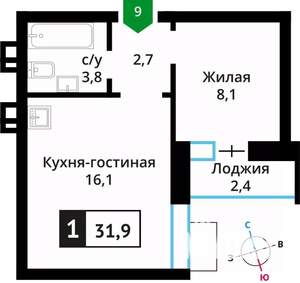1-к квартира, вторичка, 32м2, 3/6 этаж