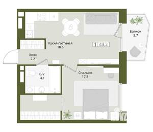 1-к квартира, вторичка, 43м2, 3/8 этаж