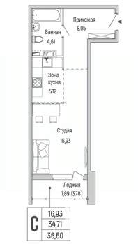 Студия квартира, вторичка, 37м2, 9/9 этаж