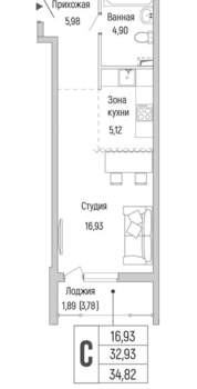 Студия квартира, вторичка, 35м2, 2/9 этаж