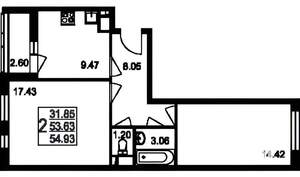 2-к квартира, вторичка, 55м2, 3/8 этаж