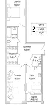 2-к квартира, вторичка, 76м2, 1/9 этаж