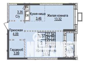 2-к квартира, строящийся дом, 45м2, 23/25 этаж