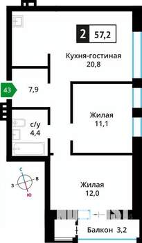 2-к квартира, вторичка, 57м2, 4/6 этаж