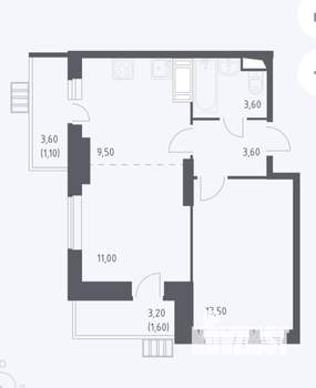 2-к квартира, сданный дом, 44м2, 9/21 этаж
